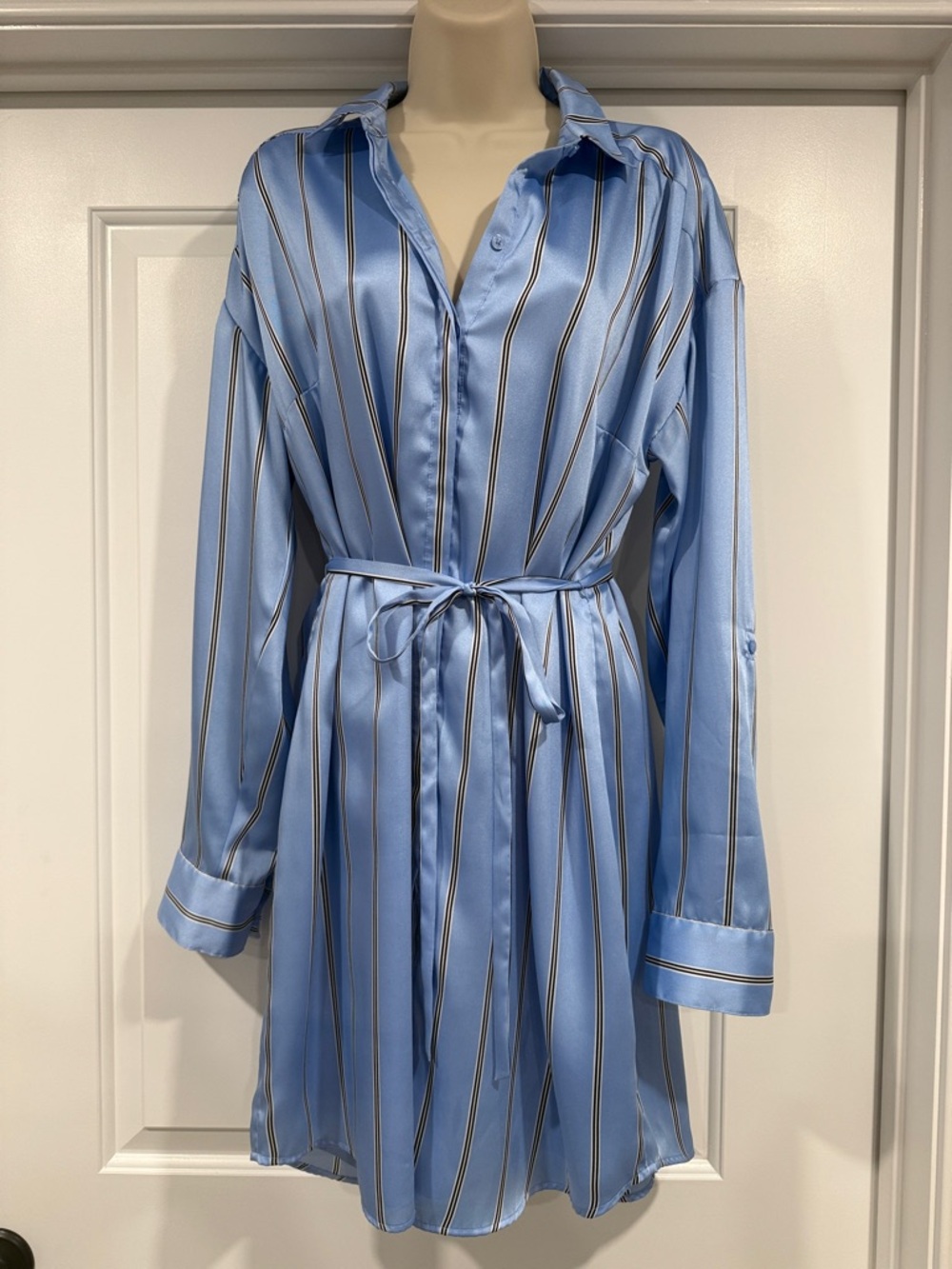 Express Blue Striped Satin Shirt Dress with Tie Waist, Large